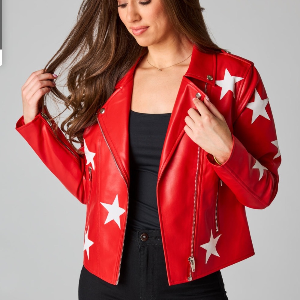 BuddyLove red leather jacket with white stars. Size large. NWT